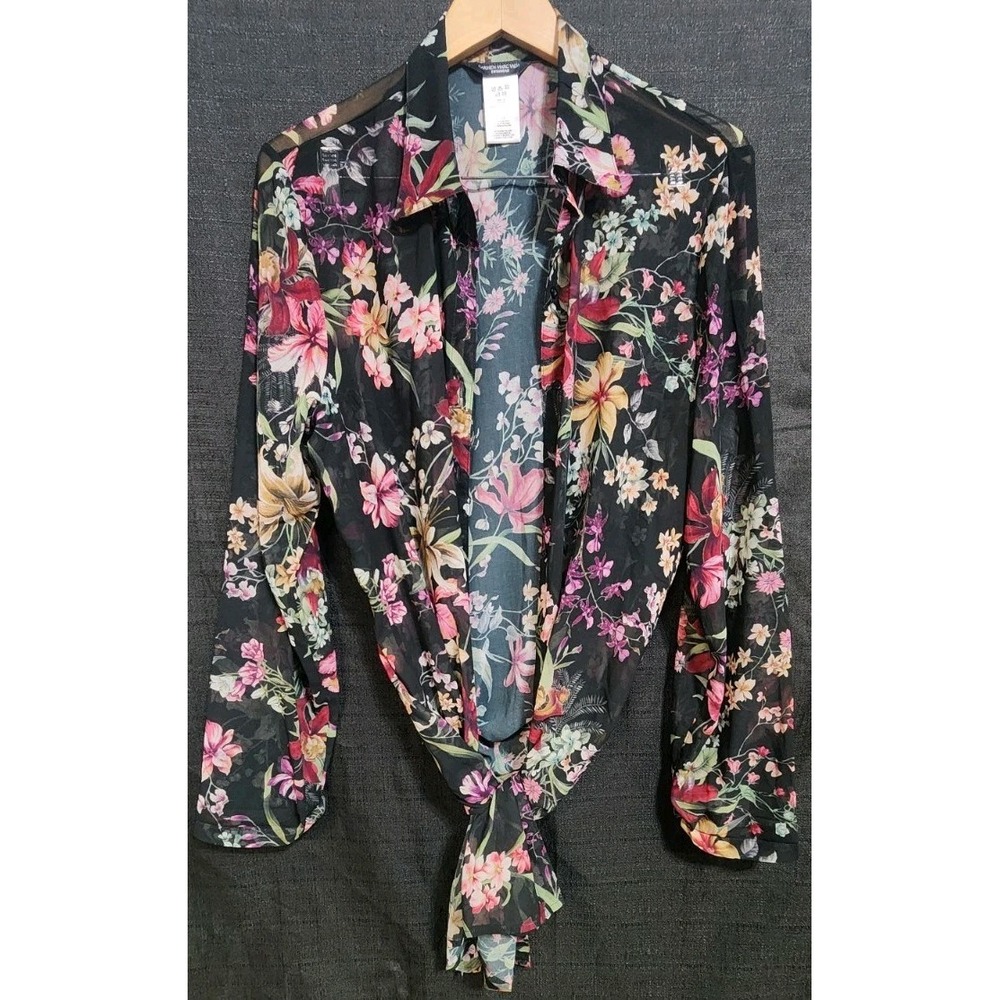 Carmen Marc Valvo Long Tie Wrap Up Top Sz Lrg Floral‎ Black Swim Cover Up Beach